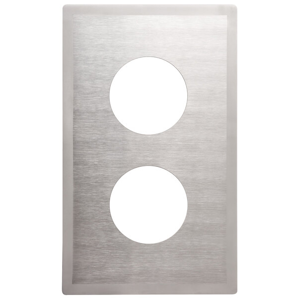 A silver rectangular stainless steel plate with two circles.