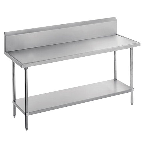 A white rectangular Advance Tabco stainless steel work table with a stainless steel undershelf.