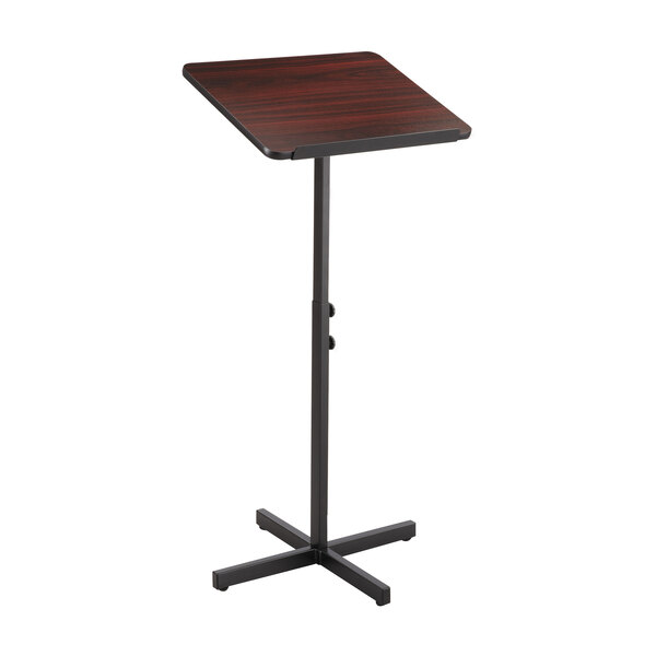 A mahogany wooden podium with a black metal stand.
