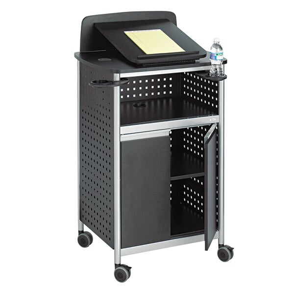 A black and silver Safco Scoot multipurpose lectern.