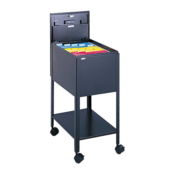 A black Safco standard tub file cart with a locking top and file drawer on wheels.