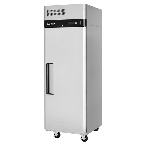 A stainless steel Turbo Air reach-in freezer on wheels.