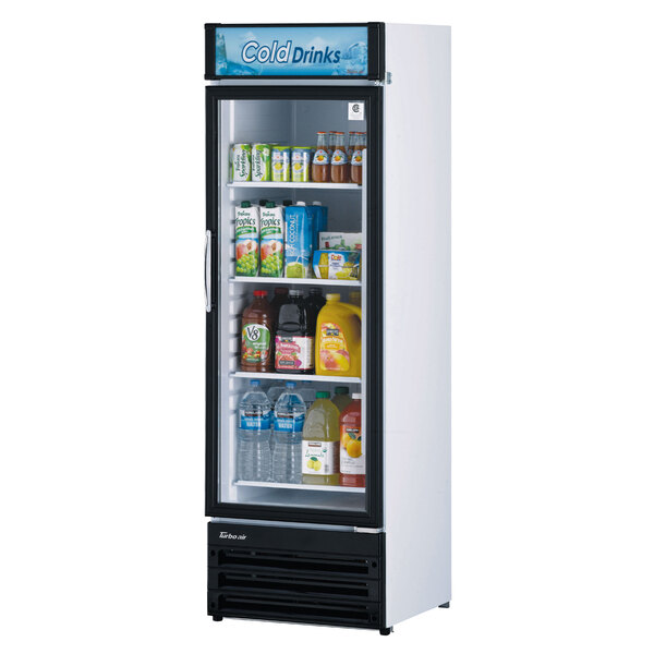 A white Turbo Air refrigerated glass door merchandiser full of drinks and beverages.