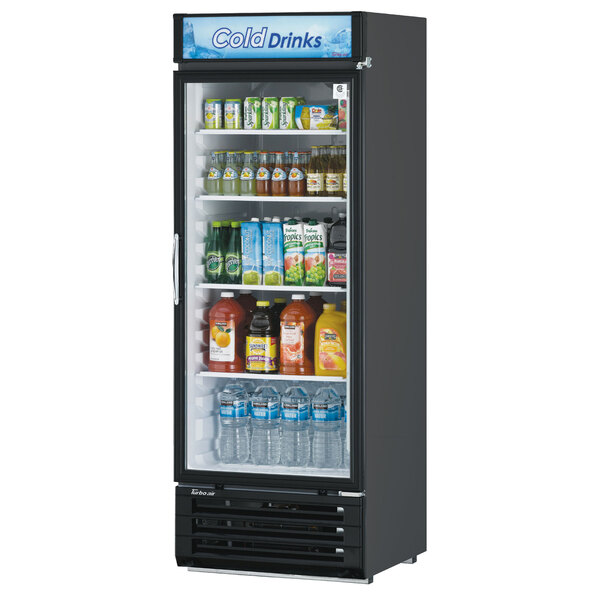 A black Turbo Air refrigerated glass door merchandiser full of drinks and beverages.