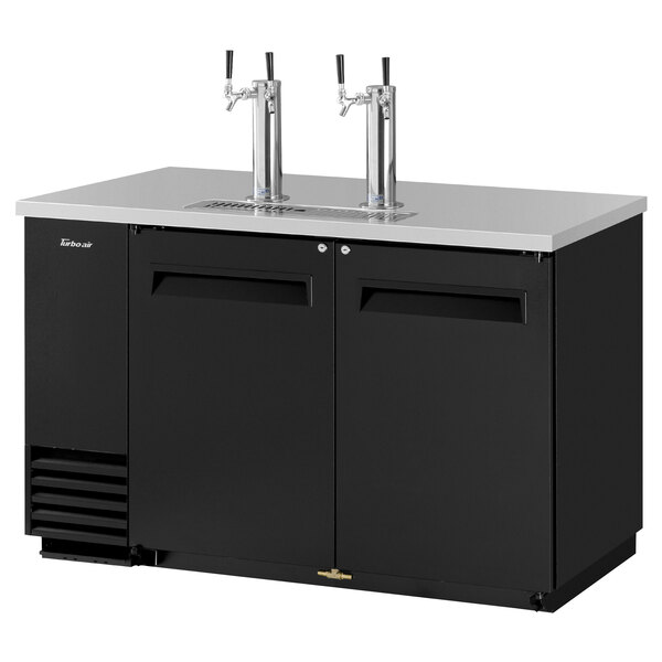 A black and silver Turbo Air beer dispenser with two taps.