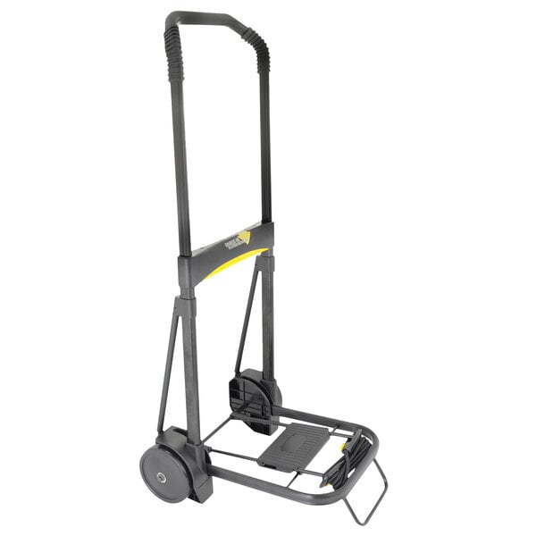 A black and yellow Kantek folding luggage cart with wheels.