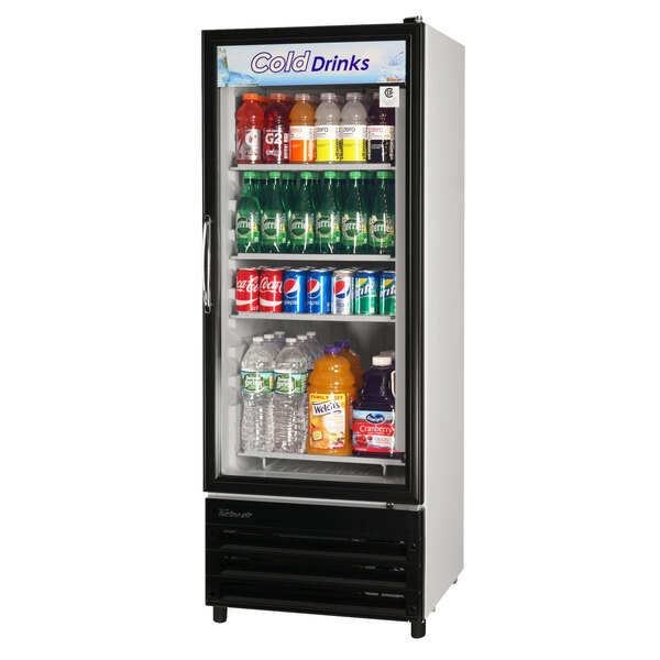 A white Turbo Air refrigerated glass door merchandiser full of soda and water bottles.