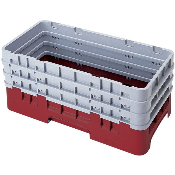 A cranberry red and gray plastic Cambro dish rack with three extenders.