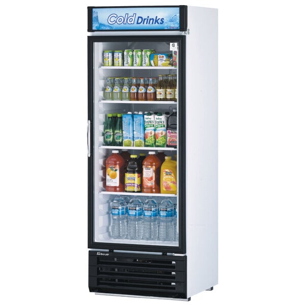 A Turbo Air white refrigerated glass door merchandiser full of drinks with a sign above.