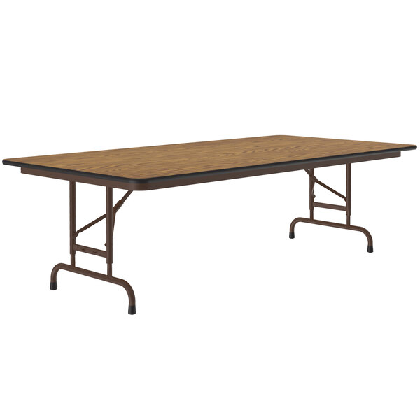 A brown rectangular Correll folding table with a metal frame and wooden top.