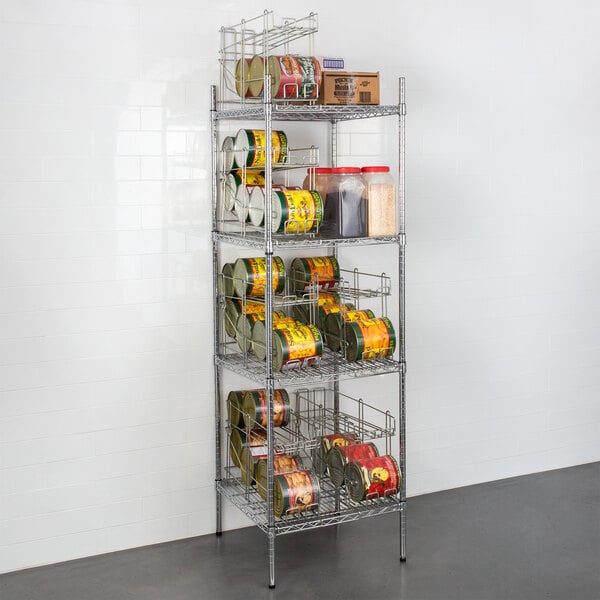 A Regency chrome wire shelf kit with can racks holding food items.