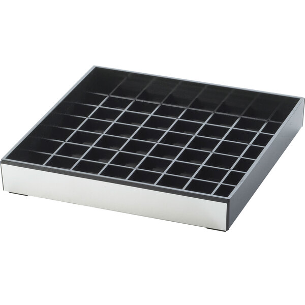 A silver and black square drip tray with many square holes.