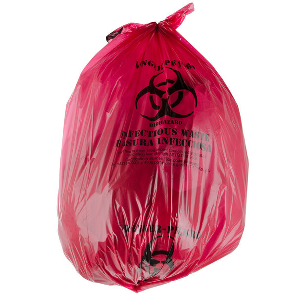 A red garbage bag with a biohazard symbol.