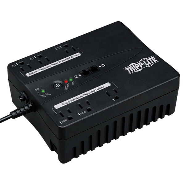 A black Tripp Lite power strip with outlets and a power cord.