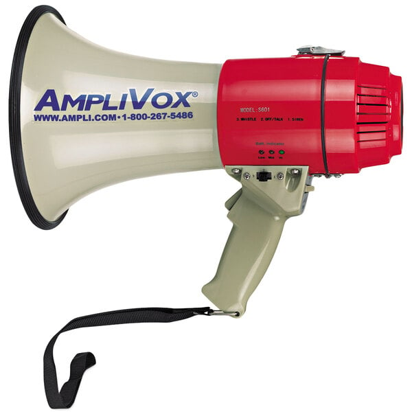 An AmpliVox white and red megaphone.