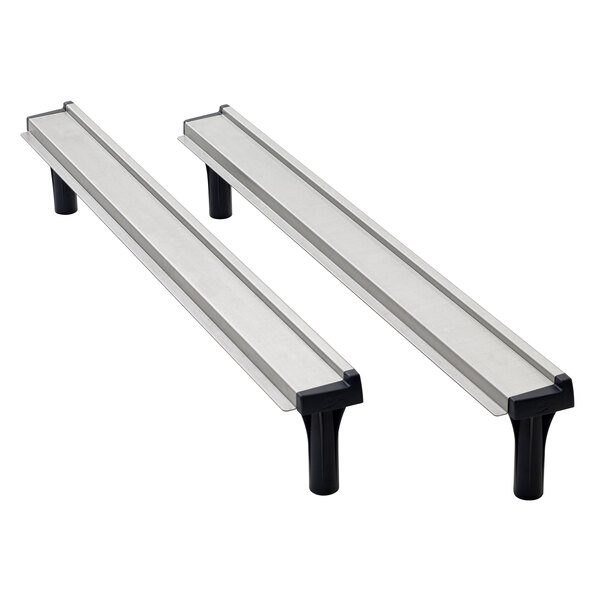 A pair of stainless steel Metro rails with black handles.