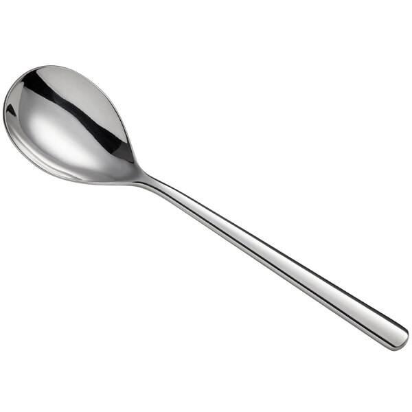 A Sant'Andrea Quantum stainless steel soup spoon with a long handle and round bowl.