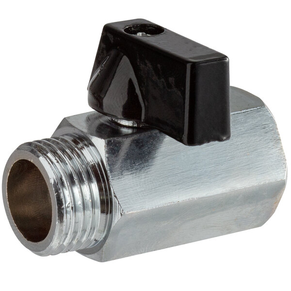 An Avantco stainless steel drain valve with a black knob.
