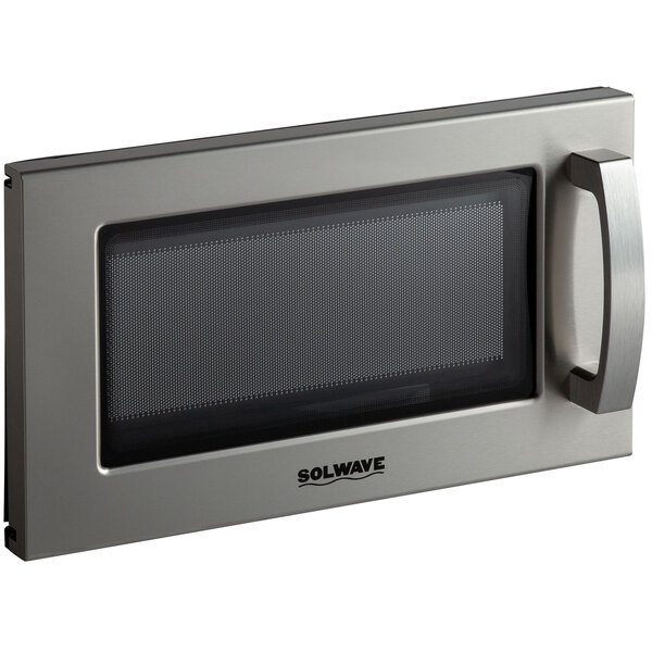 A silver Solwave microwave door with a glass window.