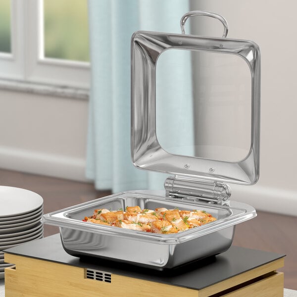 Acopa Voyage 5 Qt. 2/3 Size Stainless Steel Induction Chafer with Glass Top and Soft-Close Lid