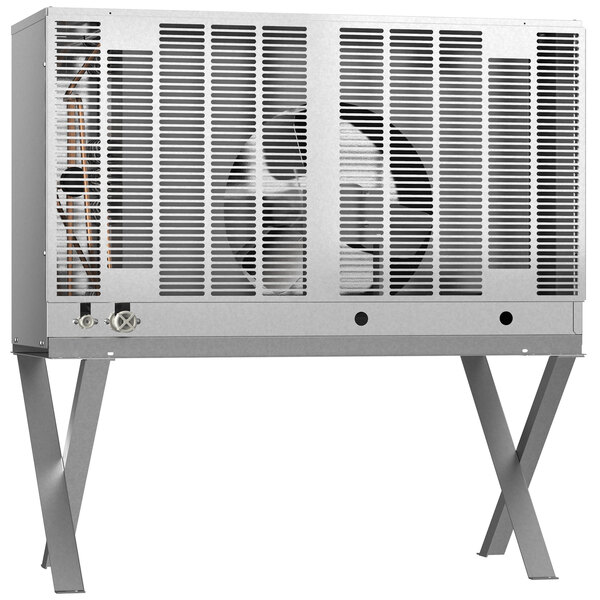 A metal Hoshizaki air cooled remote ice machine condenser with a fan on top.