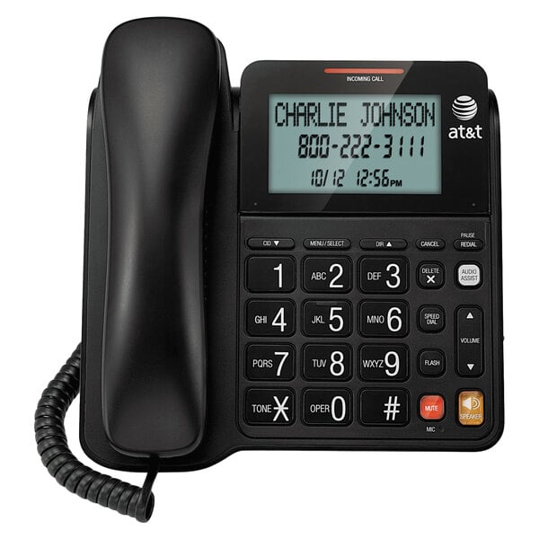 A black AT&T corded phone with extra large display and buttons.