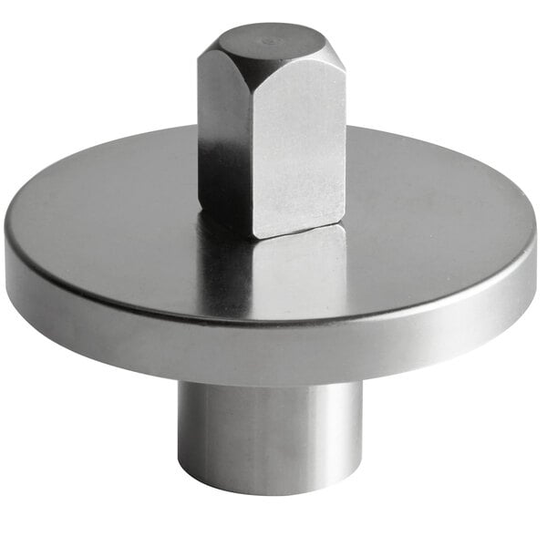 A stainless steel hexagon-shaped nut with a silver metal knob.