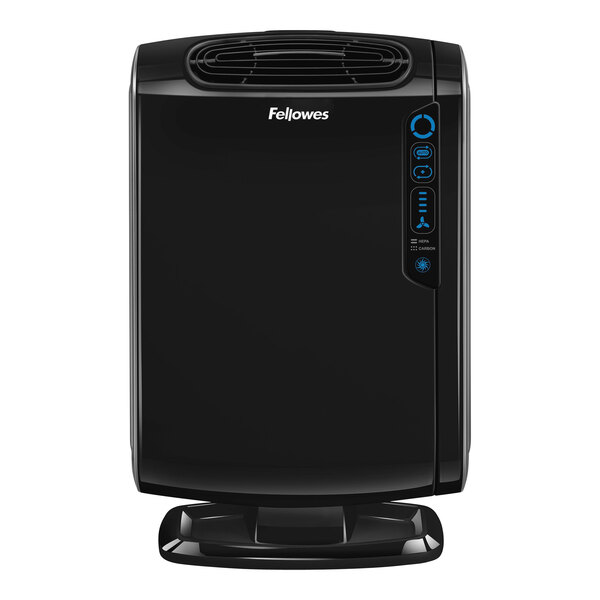 A black rectangular Fellowes AeraMax 190 air purifier with buttons and blue lights.