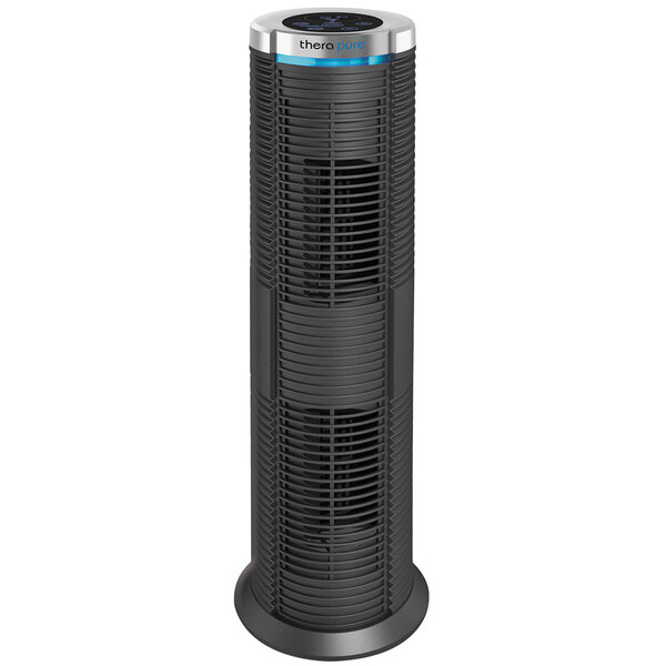 A black tower air purifier with blue and silver panels.