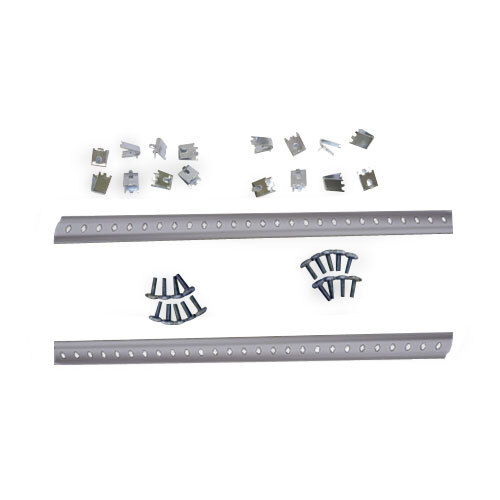 A group of metal brackets and screws on a white background.