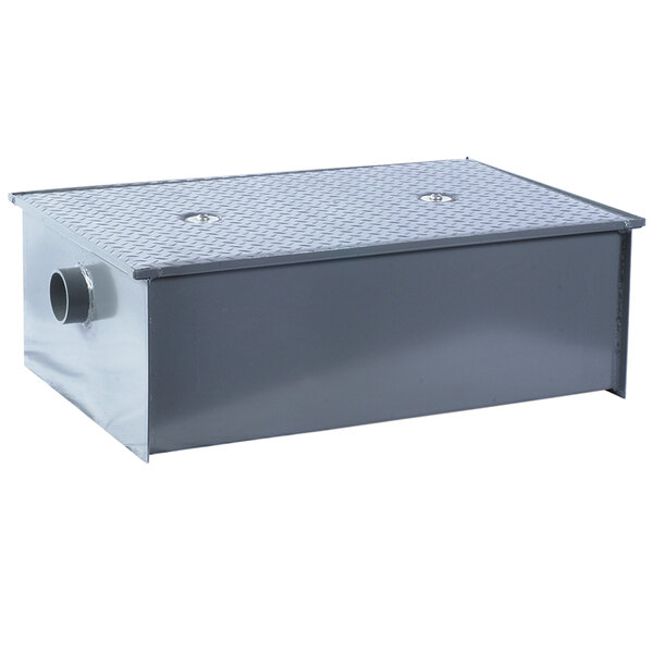 A white rectangular metal Watts low profile grease trap with a lid and a hole on top.