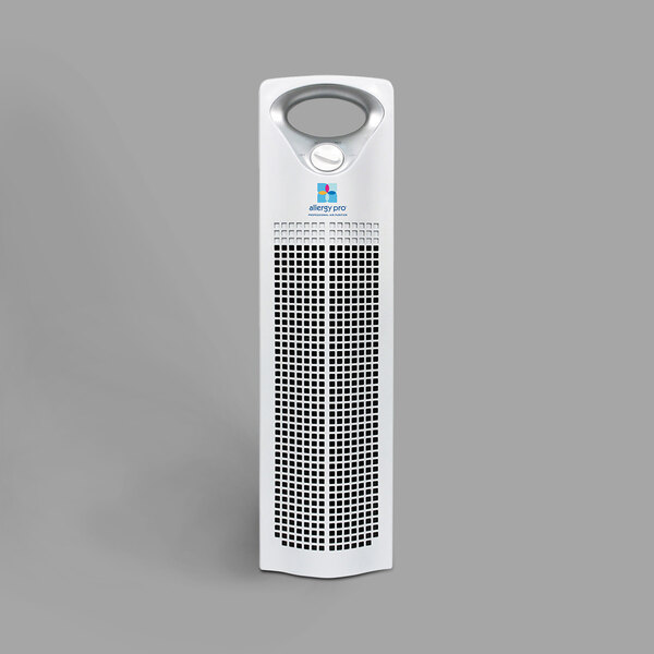 A white rectangular Allergy Pro air purifier with black squares.