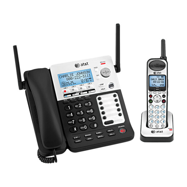 A black and silver AT&T SynJ corded and cordless phone.