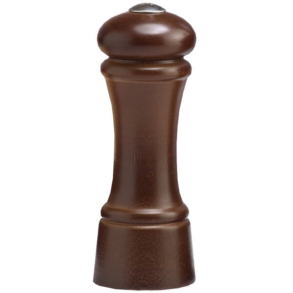 A brown walnut salt/pepper shaker with a wooden handle.