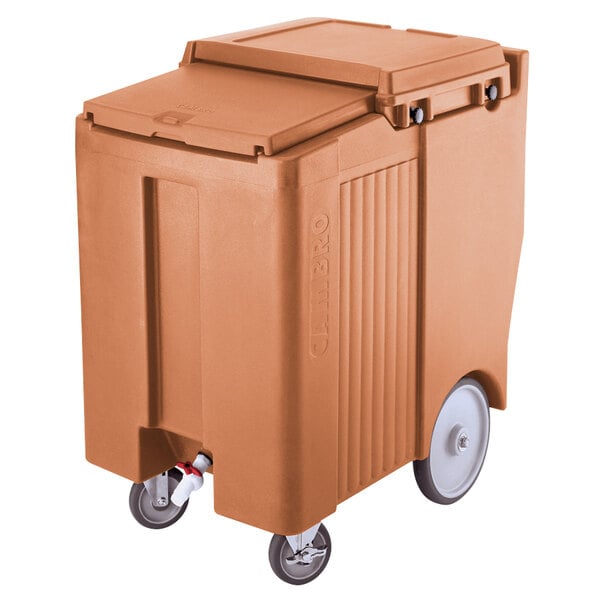 A large brown Cambro Mobile Ice Bin with wheels.