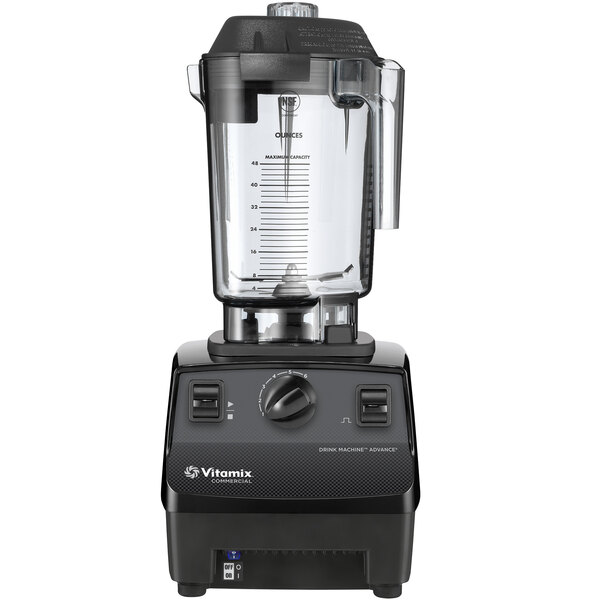 A black Vitamix Drink Machine Advance blender with a clear container.