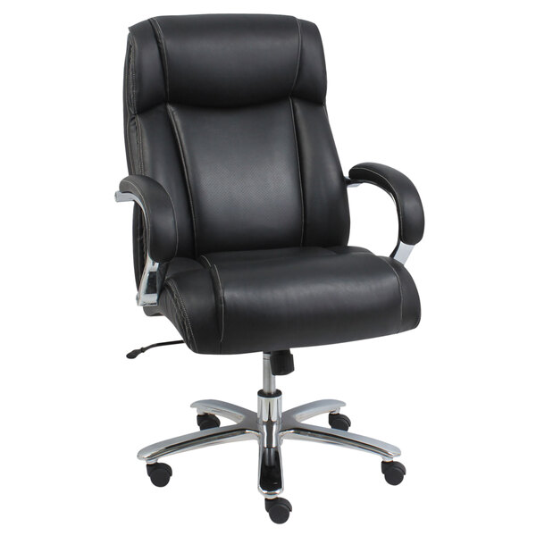 A black Alera Maxxis big and tall office chair with wheels and chrome arms.