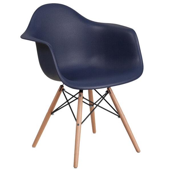A navy Flash Furniture Alonza plastic chair with wooden legs.