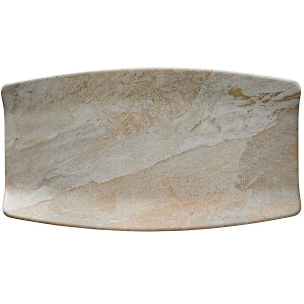 A white and brown rectangular melamine tray with a stone surface.