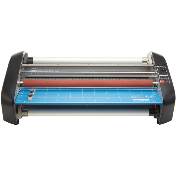 A close-up of a red and blue Swingline GBC Pinnacle EZload laminator.