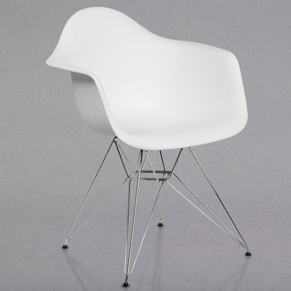 A white plastic Flash Furniture Alonza chair with chrome legs.