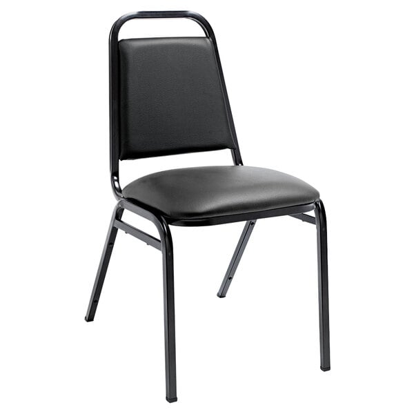 A black Alera banquet chair with a black cushion.