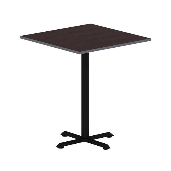 An Alera square table with an espresso/walnut reversible top on a table with a black base.