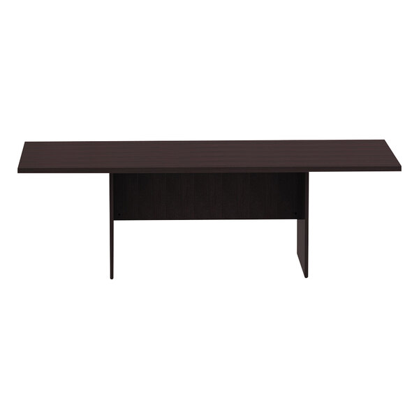 An espresso rectangular conference table with black legs.