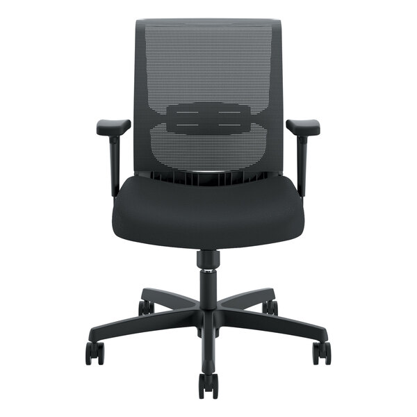 A black HON Convergence Series office chair with black arms and wheels.