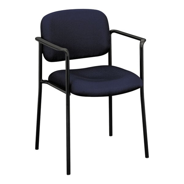 A navy office chair with black arms.