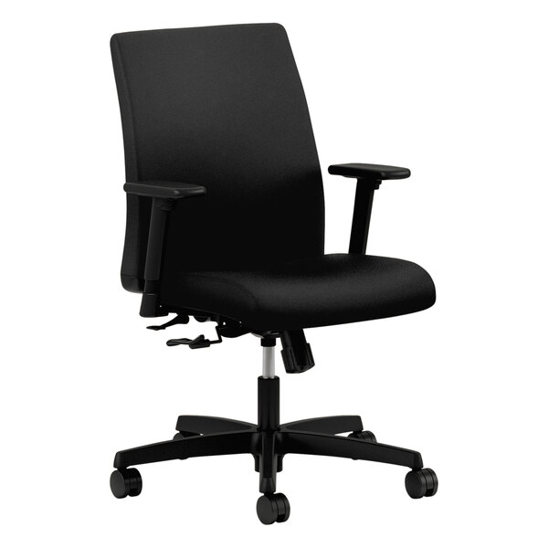 A black HON Ignition Series low-back office chair with wheels and arms.