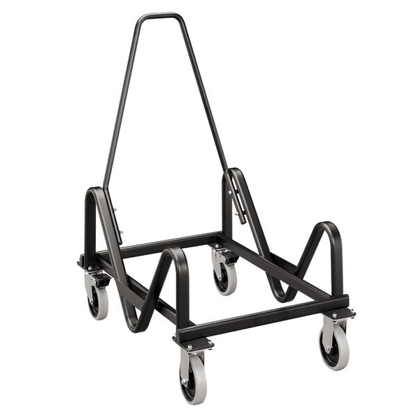 A black metal cart with wheels for HON Olson Stacker chairs.