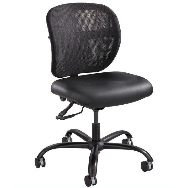 A Safco black mesh office chair with black vinyl seat.