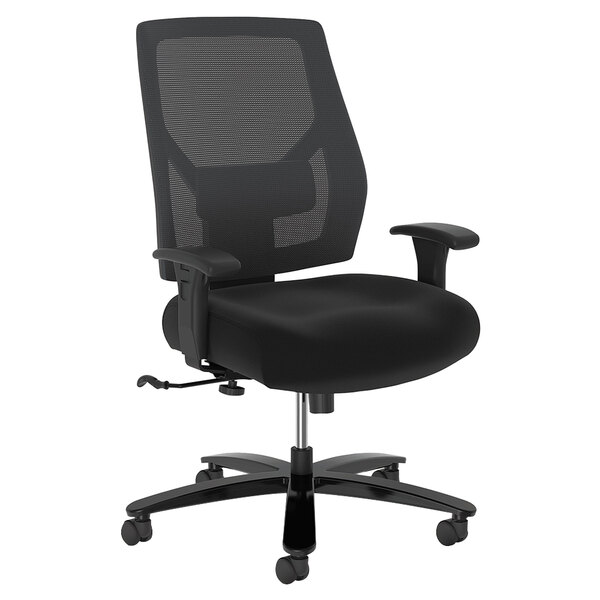 A black HON Crio office chair with a black mesh back and arms.